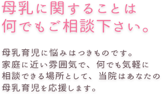 母乳育児に悩みはつきものです。家庭に近い雰囲気で、何でも気軽に相談できる場所として、当院はあなたの母乳育児を応援します。